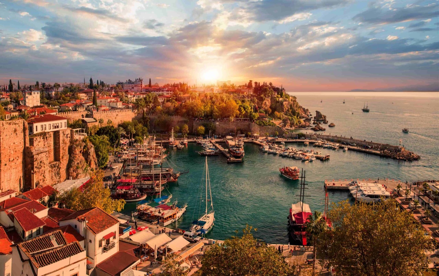 Antalya old harbour and marina at sunset